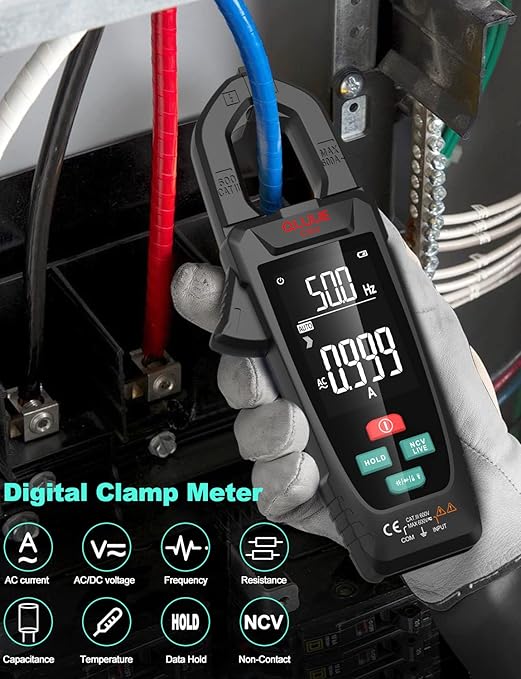 Digital Clamp Meter Multimeter for AC/DC Current & Voltage, Auto-ranging 9999 Counts Voltage Tester with Flashlight Backlight, Measuring Temperature Continuity Diode NCV