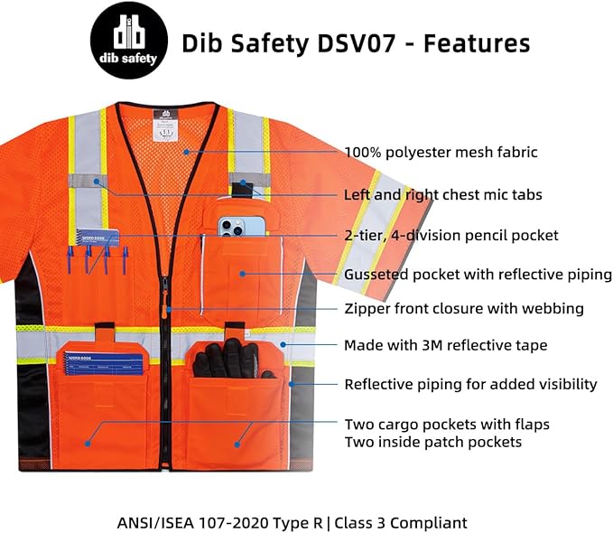 Dib Safety Reflective Mesh Vest ANSI Class 3, High Visibility with Pockets and Zipper, Made with 3M Reflective Tape, Orange L