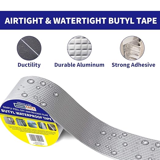ADHES Butyl Tape Waterproof Tape Aluminum Foil Tape Sealant Tape 4in x 16ft for RV Repair, Window, Boat and Pipe Sealing, Glass & EDPM Rubber Roof Patching, 12ROLLS(Model:RAY100-2,Glue Color:Grey)
