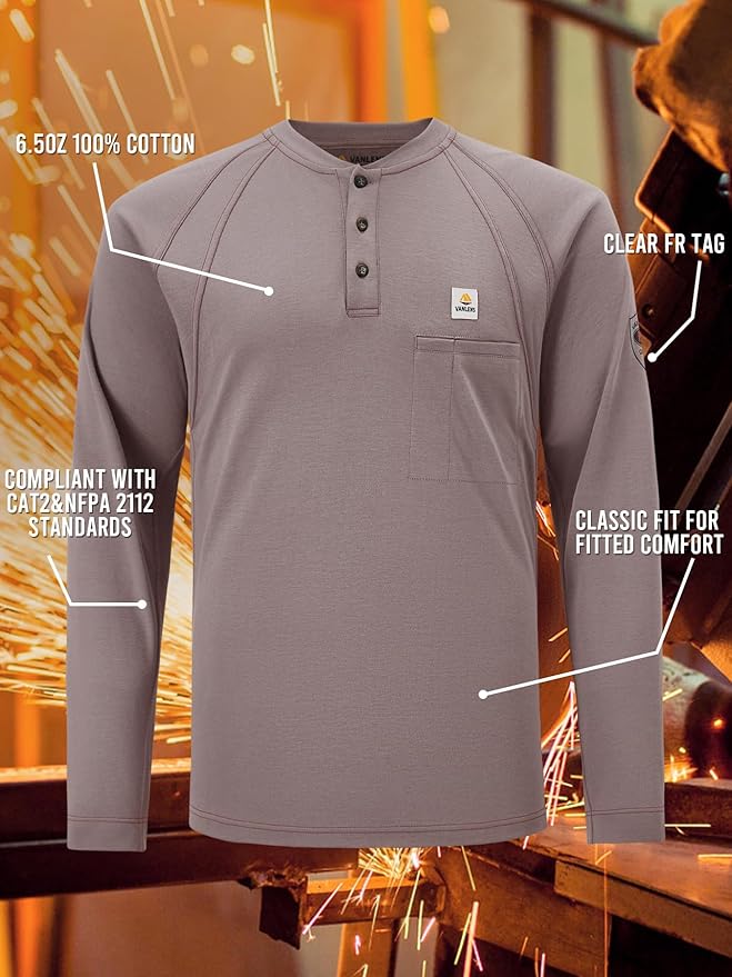 FR Shirts for Men Light Weight Flame Resistant Henley Shirts Long Sleeve Shirts HRC2/CAT2 6.5oz 100% Cotton