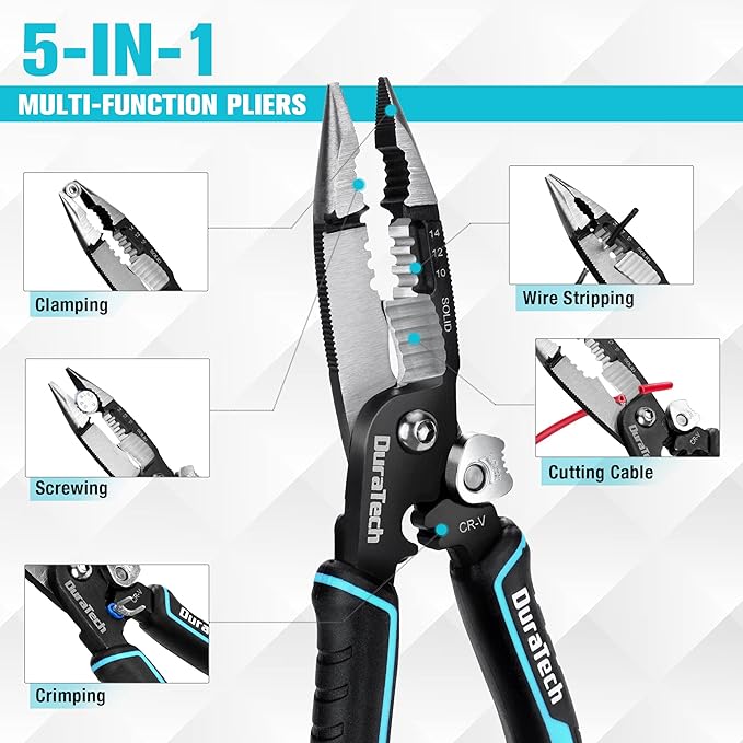 DURATECH 5-in-1 Wire Stripper, 8" Wire Stripper and Crimping Tool, Premium CR-V Construction, Needle Nose Plier, Multifunctional Electrician Pliers for Crimping, Cutting, Stripping, Shearing, Clamping