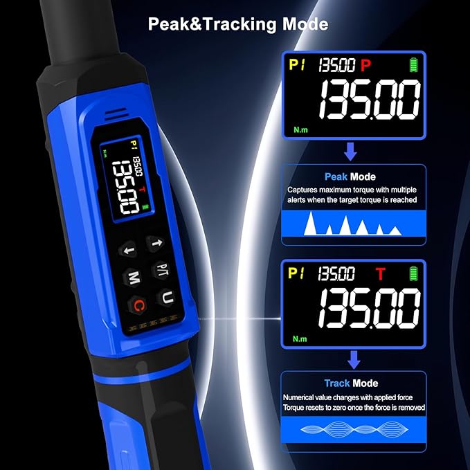 1/2" Digital Torque Wrench 1.5-99.56 Ft-lb (2-135 Nm), Electronic Inch Pound Torque Wrench with 3/8" Adapter, 5 Units ±1% Accuracy with Buzzer & LED Alerts for Car Bike Moto