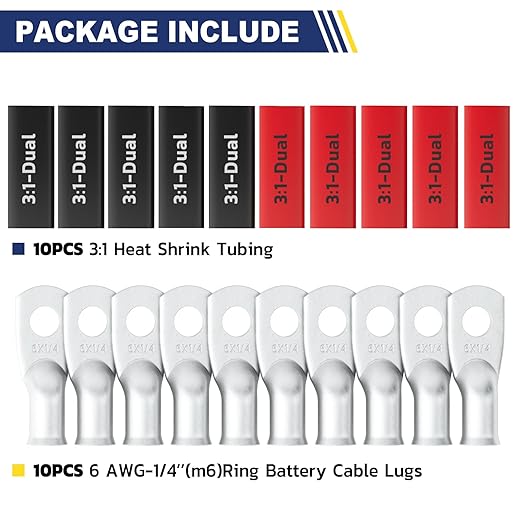 haisstronica 10pcs 6 AWG - 1/4" (M6) Tinned Copper Battery Lugs, Heavy Duty Copper Wire Lugs with 10pcs 3:1 Adhesive Heat Shrink Tubing,6 Gauge Wire Lugs,Tinned Copper Battery Cable Ends