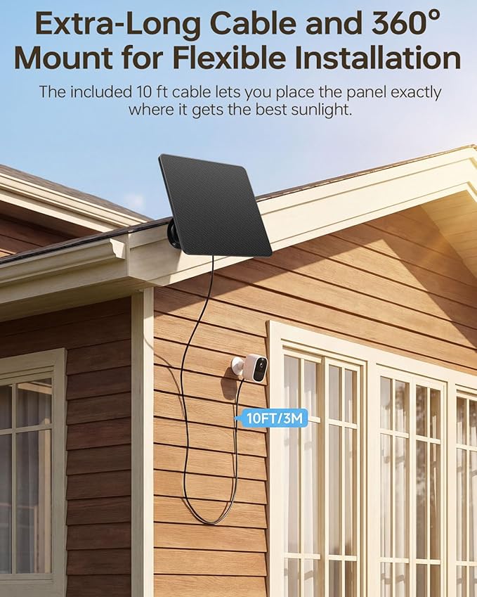 KJK 6W Solar Panel for Security Cameras – Solar Battery Charger with Micro USB & USB-C | IP66 Waterproof | 360° Adjustable Mount