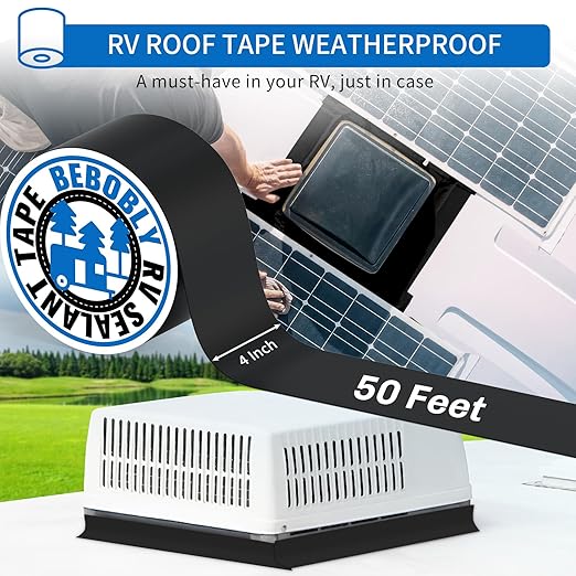 Butyl Sealant Waterproof Tape,RV Roof Tape Black,4 Inch X 50 Foot Leak Repair Sealant Tape，UV & Waterproof for RV Roof,Window,Camper, Boat,Pipe Sealing Black