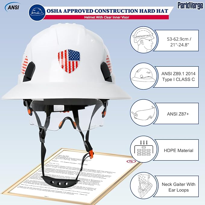Full Brim Hard Hats Construction OSHA Approved with Visor-Vented Hard Hat with Neck Gaiter with Ear Loops,Safety Hard Hats for Men with Chin Strap ANSI Z89.1 Type 1 Class C,6-pt Suspension