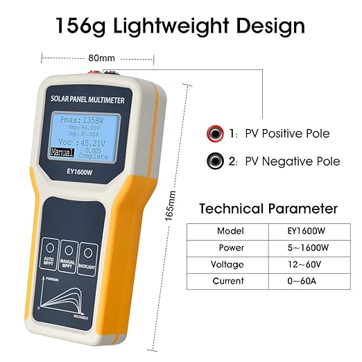 Solar Panel MPPT Tester 1600W, Portable Photovoltaic Multimeter Tracking Max Power Point Watt Volt Current, Open Circuit Voltage, Ultra Clear Backlit LCD Display, MC4 Connector Alligator Clip Included