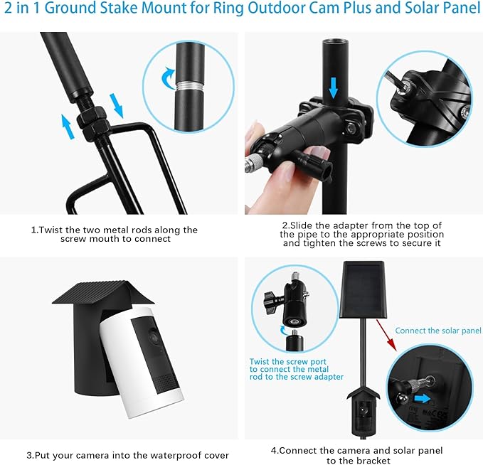 2 in 1 Metal Ground Stake Mount for R-ing Outdoor Cam Plus and Solar Panel, 48 Inch Heigh, with Weatherproof Silicone Cover, 360 Degree Adjustable Camera Mount for Yard
