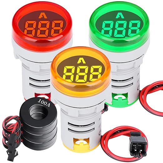 DROK AC Amp Meter 100A, Pack of 3 AC 0-100A Current Tester Digital Larger LED Screen Current Meter Suitable for 110V 220V Green Red Yellow Signal Indicator Light Panel