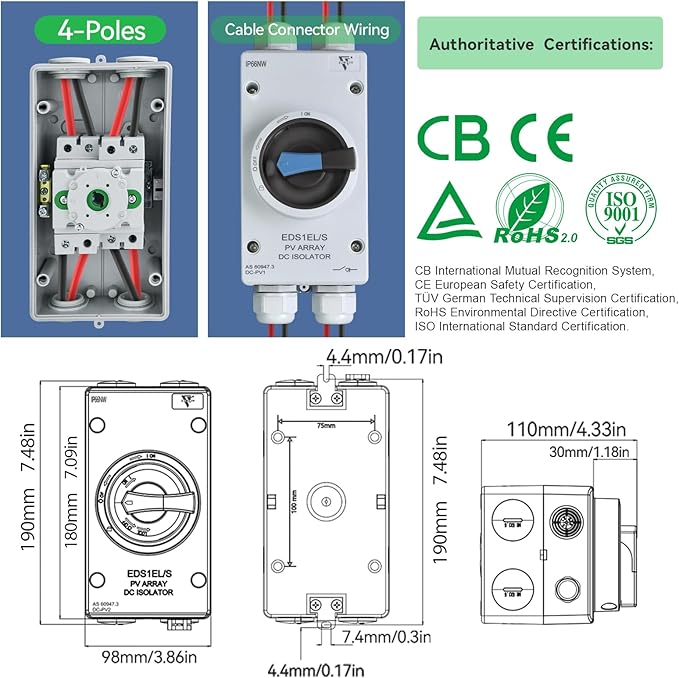 Solar Disconnect Switch DC1500V 32Amp 4-Pole Isolator Solar Switch with Waterproof IP66 Enclosure for Rooftop Solar Systems