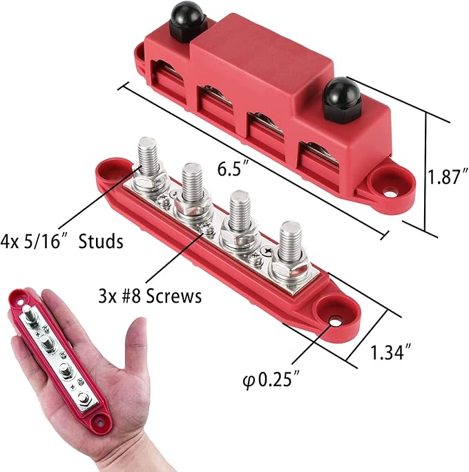 Universal 4 Post 5/16" Power Distribution Block, (M8) Marine Busbar, 250 Amp Rating, 12v Bus Bar Terminal Block for Marine, Automotive and Solar Wiring(1 Set，with Protective Cover)