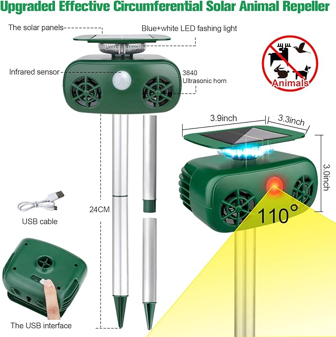 Cat Repellent Outdoor,Solar Pest Animal Repellent,Bird Deterring Devices Solar Powered Ultrasonic Dog Repeller with Motion Sensor & Flashing Light,Cat Repeller for Repelling Squirrels, Raccoon