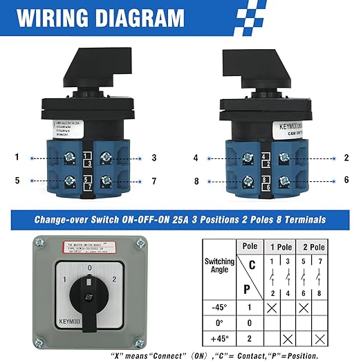 25A Rotary Changeover Switch with Exterior Box for Solar Power System, 3 Position 2 Phase 8 Terminals, 2-Way 2NO 2NC Universal Selector Switch 25/D202.2D