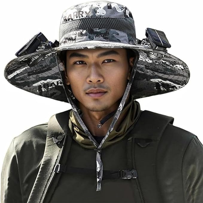 Hat with Fans Solar Power Wide Brim Solar Fan Hats for Men Women UPF 50+ Bucket Fishing Hat with Fan Outdoor