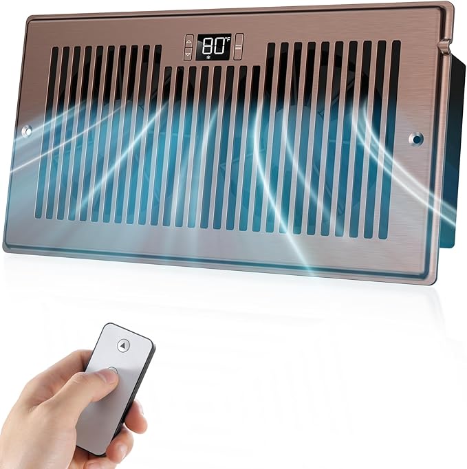 Quiet Register Booster Fan Fits 6" x 12" Register Holes, 10-Speed Smart Heating Cooling AC Vent Fan with Remote Control and Thermostat Control - Bronze