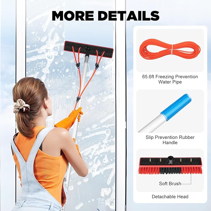 Window Washing Kit with Long Pole High-Window Cleaner Tool Cleaning Water Fed Pole Brush Kit for Roof Solar Panel Car Greenhouse, 180° Rotatable, Washing/Brushing/Scraping 3-in-1