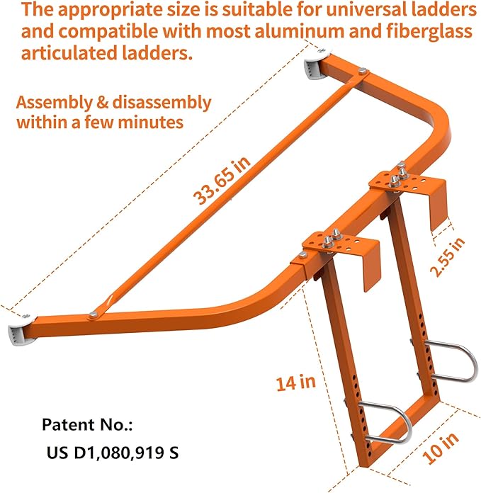 Ladder Stabilizer for Roof Gutter Guard ＆Wall,Extended Ladder Crane Stabilizer Accessory,Steel Ladder Stand-Off Wing Span/Wall Ladder Standoff with Non-Slip Rubber Bottom pad. (Orange-Steel)