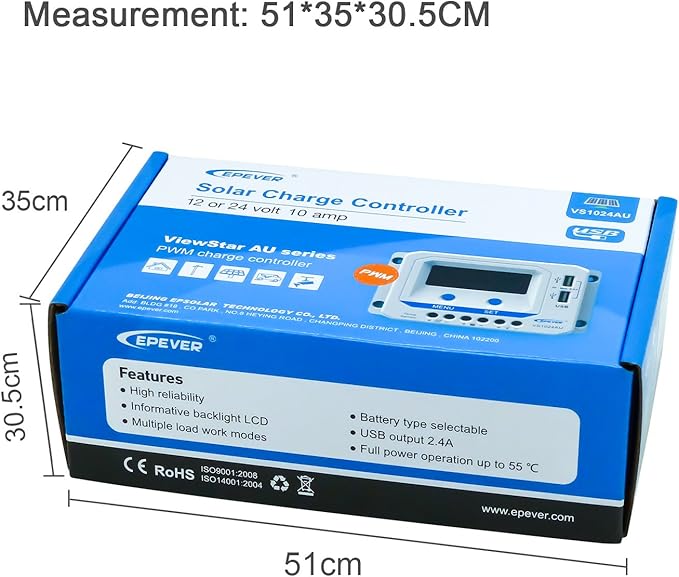 EPEVER Solar Charge Controller 10A 12V/24V with Dual USB Ports Output PWM Solar Panel Battery Charging Regulator LCD Display for Solar System (10A)