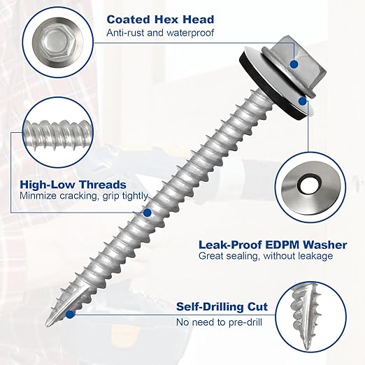 Metal Roofing Screws #10×1Inch, 320-PCS, Hex Head Rustpert Coating Sheet Metal to Wood Siding Screw with EPDM Rubber Washer, Sharp Point, Hex Socket Included