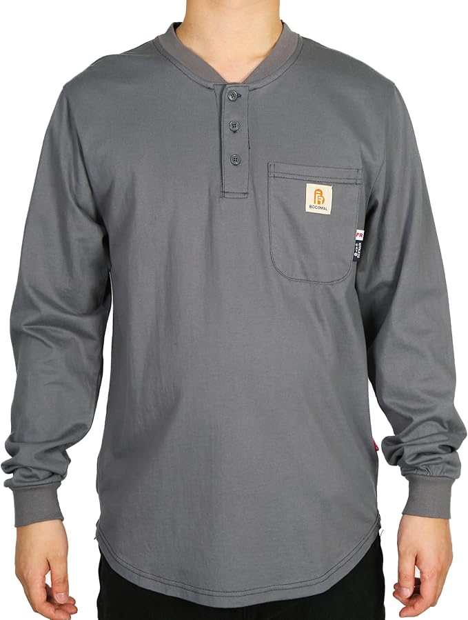 BOCOMAL FR Shirts 6oz Lightweight Flame Resistant Long Sleeve Henley Shirt Fire Retardant Workwear NFPA2112 CAT2
