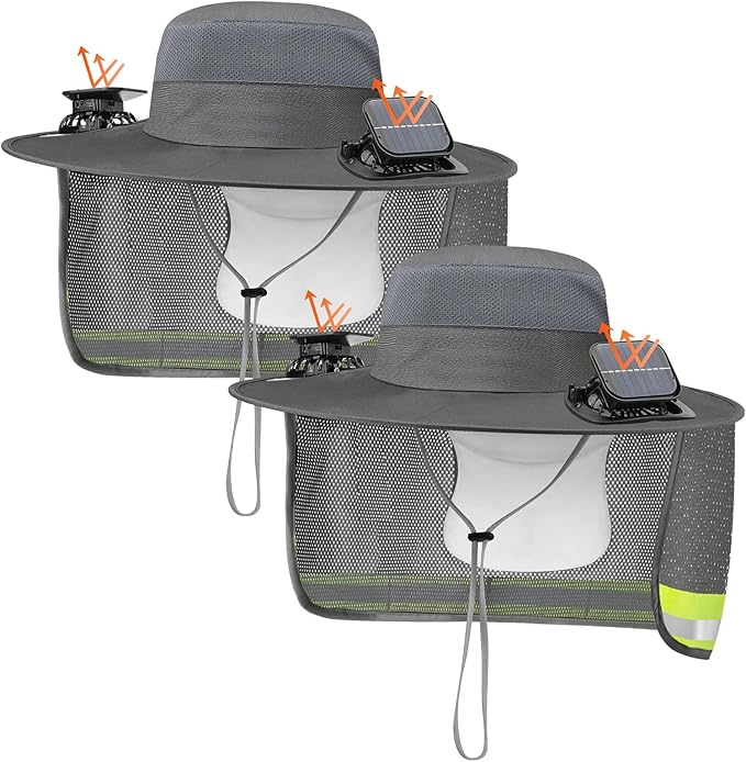2 Pcs Sun Hat with Fan Solar&USB Powered for Men Women UPF 50+ UV Protection Wide Brim Safety Sun Hat for Out Work
