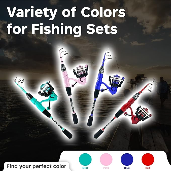 DaddyGoFish Spinning Fishing Rod and Reel Combo Set with Tackle Box | Kids Fishing Pole | Carbon Fiber Telescopic Fishing Rod Kit | Spinning Reel for Travel Saltwater Freshwater Fishing Gear Kit