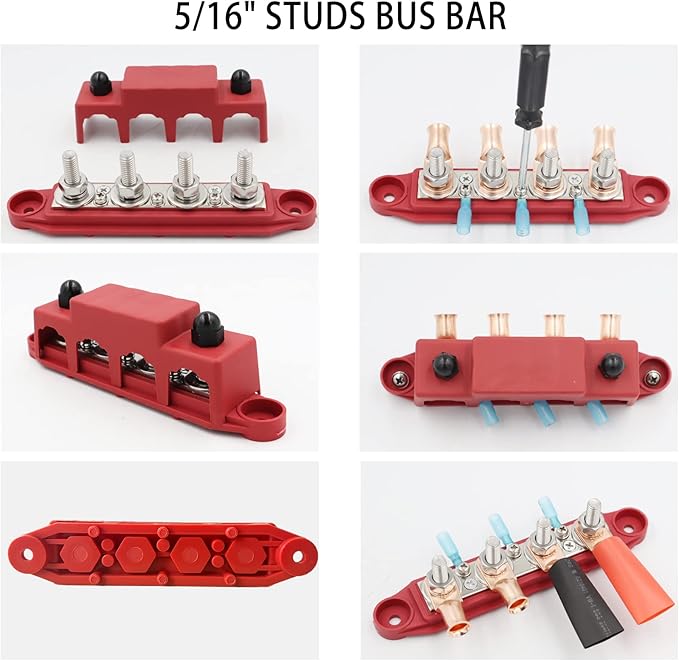 Universal 4 Post 5/16" Power Distribution Block, (M8) Marine Busbar, 250 Amp Rating, 12v Bus Bar Terminal Block for Marine, Automotive and Solar Wiring(1 Set，with Protective Cover)