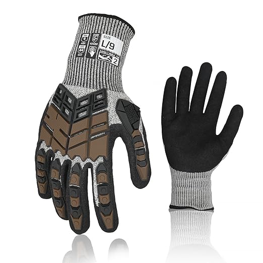 Safety Work Gloves, Impact Gloves for Men Women, Cut Resistant Non-Slip Heavy Duty Gloves with Nitrile Grip, Touch Screen Glove with Impact Protection for Mechanic Construction, Large, Brown