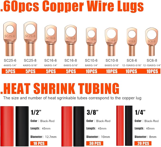 Battery Cable Crimper Tool For AWG 10-1/0 Gauge Electrical Lug, Battery Terminal Connectors with 60PCS Copper Wire Lugs, Wire Crimping Tool For Heavy Duty Copper Wire Lugs