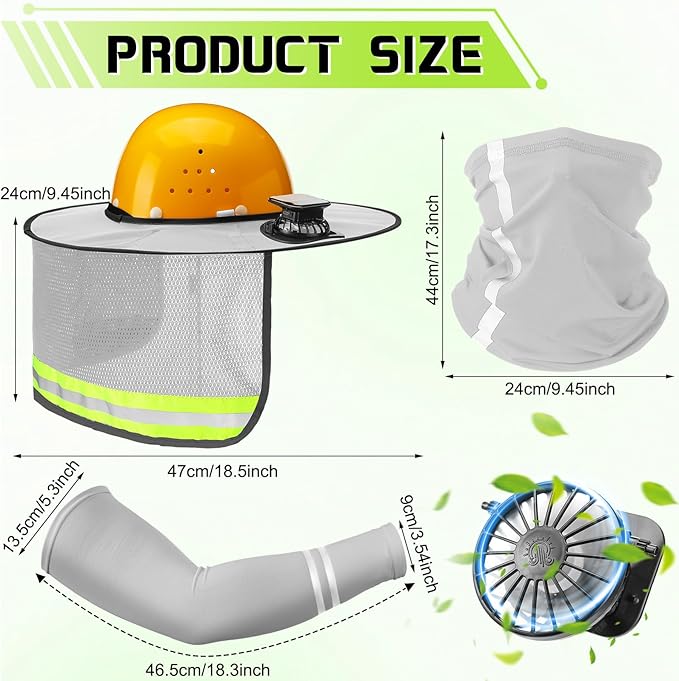 1 Set Sun Hard Hat Shade Full Brim Hard Hat Sun Visor with Solar Fans and Neck Sunshade Cover UV Reflective Strap Arm Sleeves Summer Protection Accessories