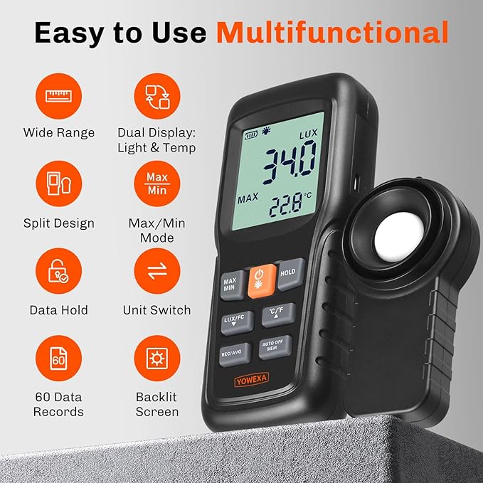 Light Meter Digital Illuminance, Split Sensor Lux/Foot Candles Meter 0–200,000 Lux, Data Record, Max/Min Mode, for Plants, Photography & Workspaces