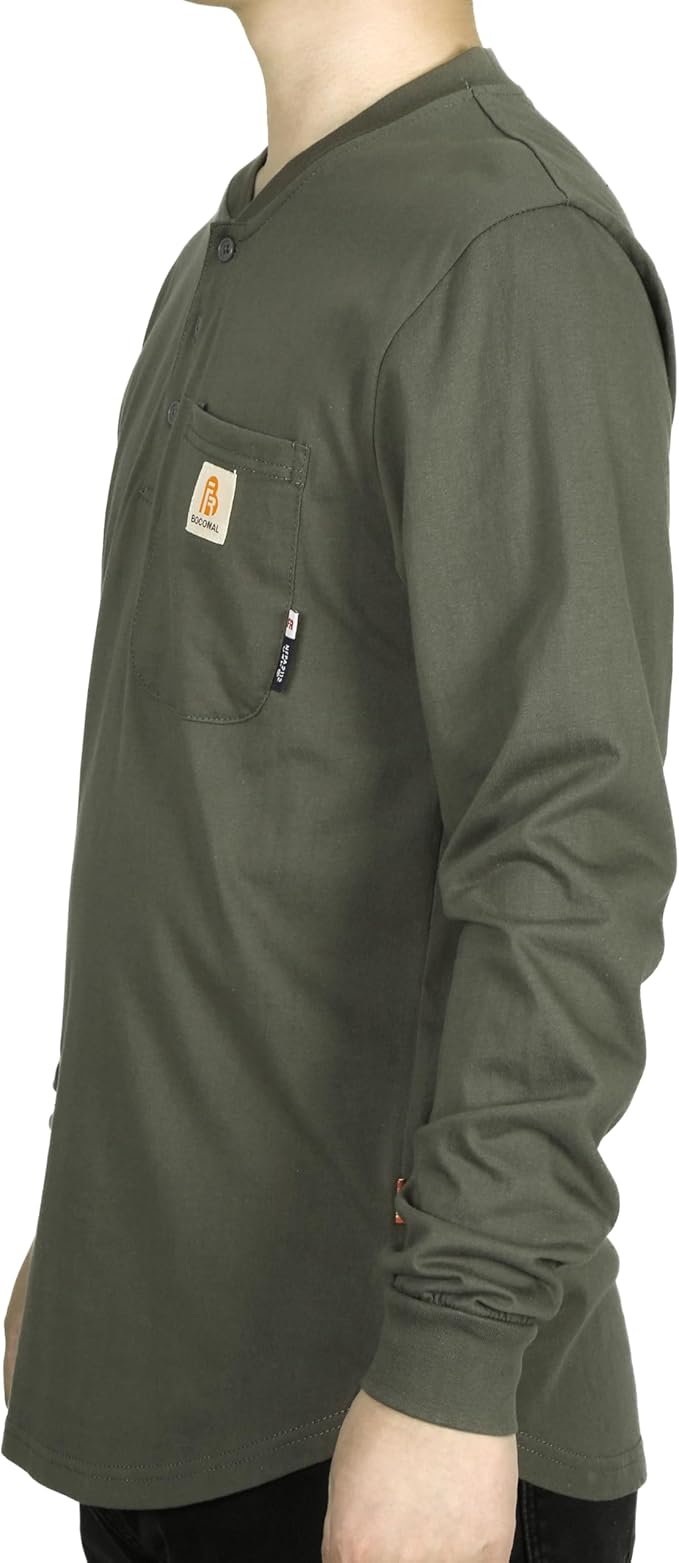 BOCOMAL FR Shirts 6oz Lightweight Flame Resistant Long Sleeve Henley Shirt Fire Retardant Workwear NFPA2112 CAT2