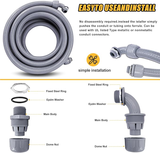 Liquid-Tight Conduit - 1inch 100 Foot Flexible Non Metallic Liquid Tight Electrical Conduit Kit, with 6 Straight and 4 Angle Fittings Included. 1" Dia