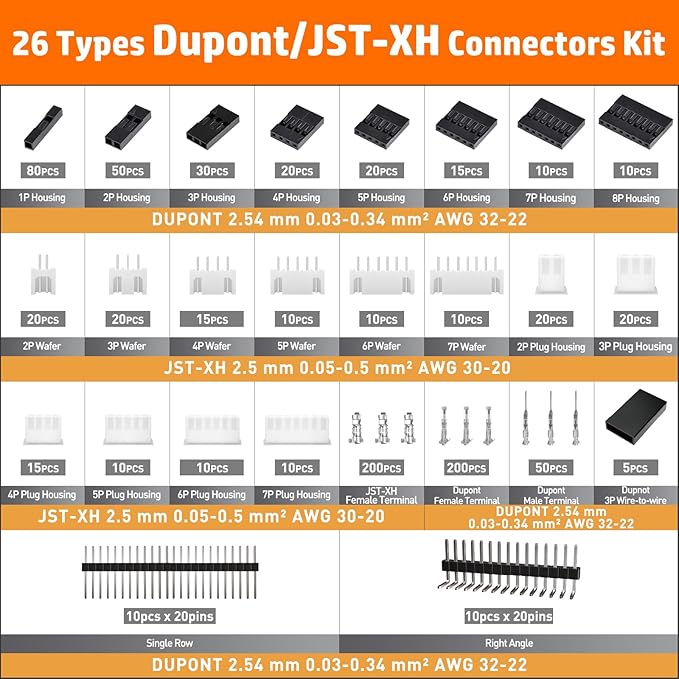 PEBA Crimping Tool and Dupont Connector Kit - 26 Types of Dupont 2.54mm Connectors & Crimp Pins, 2.5mm JST-XH 2/3/4/5/6/7-pin Contacts and Housings, for DIY Electronics - Suitable for AWG 32-20 Wires