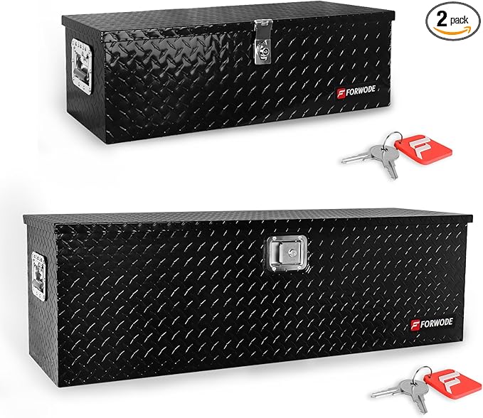 FORWODE 30&48 Inch Aluminum Truck Tool Box Lockable Truck Bed Tool Box Waterproof Truck Bed Storage Box with Gas Struts Side Handle Truck Tool Chest for Pickup, Truck Bed, RV, Trailer & Garage (Black)