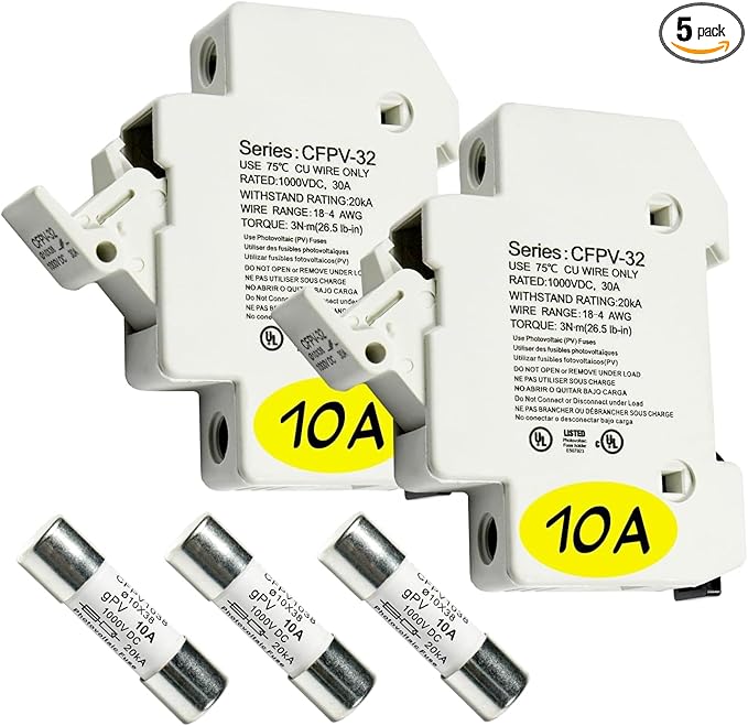 HQRP Combo: 2-Pack Solar PV CFPV-32 DIN Rail Fuse Holder, 1-32Amp, 1000VDC and 3-Pack Photovoltaic Fast Acting Fuse Links CFPV-1038, gPV Type, 10 Amp 1000V DC, 10x38mm, 20kA IR, Solar PV Ceramic Fuses