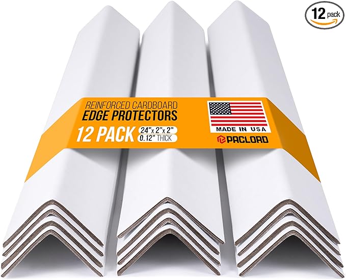 24" x 2" x 2" Reinforced Cardboard Edge Protectors, White (Pack of 12) – 0.12" Thick Medium-Duty Cardboard Corner Protectors for Shipping – American Quality V-Board Pallet Edge Protectors