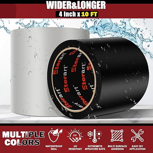 Waterproof Tape 4 Inch x 10 FT, Seal Tape Black - Heavy Duty Leak Repair for Roof, Pipe, Boat, Hose & Outdoor Emergency Fix - Permanent Weather Resistant Seal