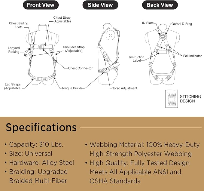 AFP Universal Full-Body Safety Harness w/Dorsal D-Ring Tongue Buckle Legs High-Viz Green, Shock Absorbing Lanyard (OSHA/ANSI)
