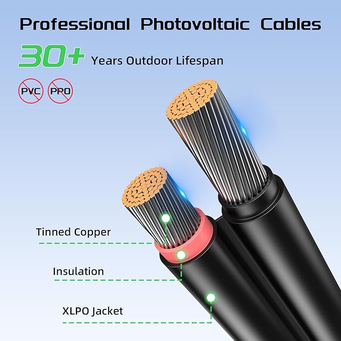 Bateria Power 10 Feet 8AWG Solar Panel Extension Cable, 10mm² Twin Wire Conductor Parallel Solar Wire Adapter Kit with Waterproof Female & Male Solar Connectors for RV, Marine, Photovoltaic Systems