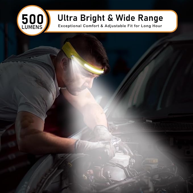 Headlamp Rechargeable LED (2-Pack, Yellow) 230° Wide Beam, USB-C Lightweight Head Lamp, Long Runtime, Water-Resistant for Camping, Hiking, Running, Fishing, Repair Work