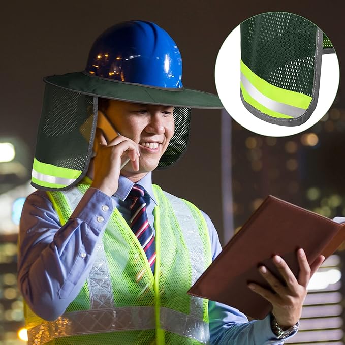 SATINIOR 2 Pcs Sun Hard Hat Neck Protection High Visibility Full Brim Mesh Sun Protection and Neck Gaiter Bandana Face Scarf for Construction Helmet Hard Hat Accessories, Reflective(Army Green)
