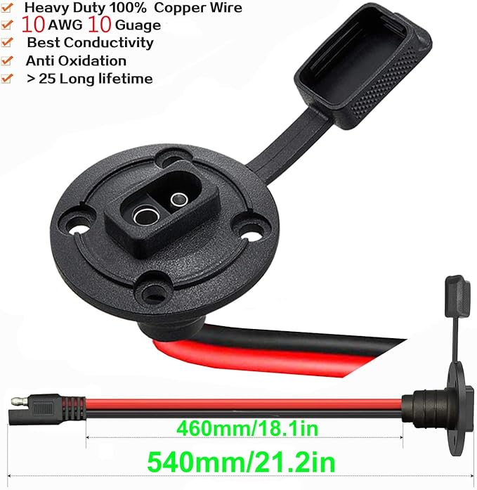 10AWG SAE Power Socket, Weatherproof Socket Sidewall Port,Quick Disconnect Wire Automotive Panel Extension Cable for Solar Generator Battery Charger.(50CM)