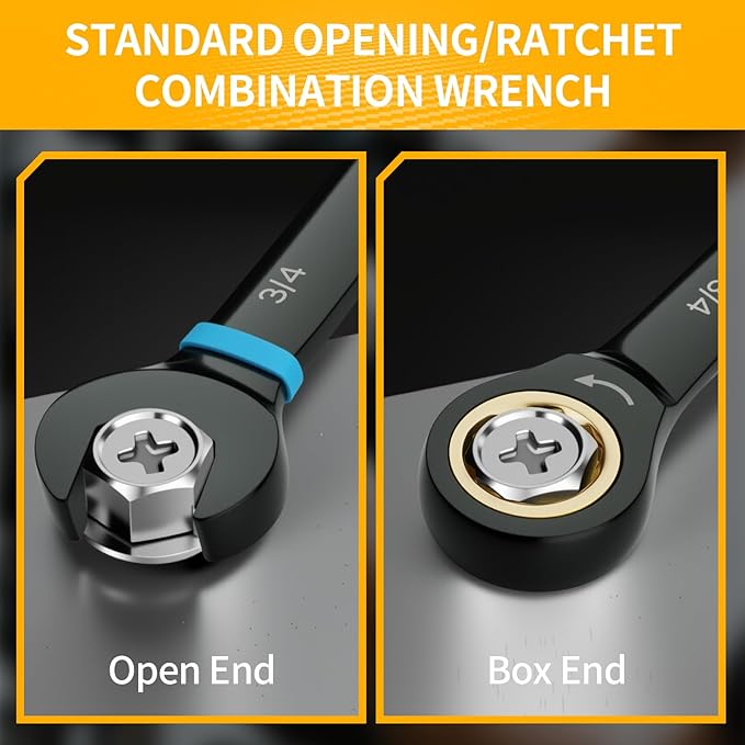 Ratchet Wrenches Set, Ratcheting Wrench Set, 9PC Sae 5/16 to 3/4 72Th Long Box Open End Ratchet Wrench Organizer With Color Ring With Roll Up Pouch With Gauge, Big Combination Wrench Tool Sets