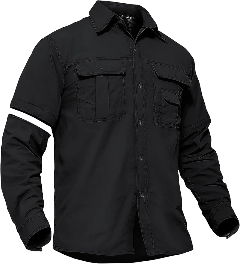 TACVASEN Men's Convertible Long Sleeve Fishing Shirts Lightweight Quick Dry Button Up Tactical Sun Shirts for Safari Hiking