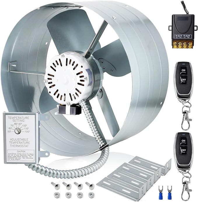 Hiorucet Upgraded 15 Inch Exhaust Fan for Gable Vent with Switch, 1650CFM 2500 SQF High-Speed Attic Fan with Adjustable Thermostat, 14 Inch Fan Blade and Permanently Lubricated Motor, 1075RPM.