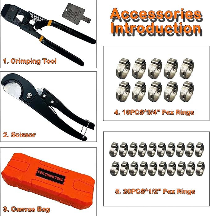 PEX Pipe Clamp Cinch Tool Crimping Tool Crimper for Stainless Steel Clamps from 3/8-inch to 1-inch with 1/2-inch 20PCS and 3/4-inch 10PCS SS PEX Clamps,with Pipe Cutter in Plastic Box