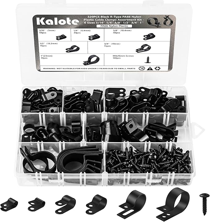 320PCS Black R Cable Clips-6 Sizes 3/16''1/4'' 3/8''1/2''3/4''1''-Premium PA66 Nylon | High Temp Resistant | Durable Wire Management Clamps Assortment Kit with Screws for Organizing Wires Cords