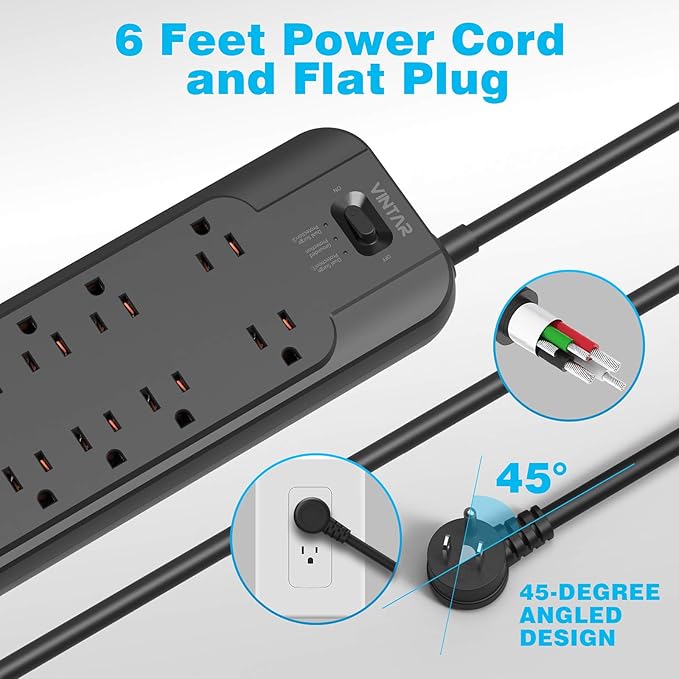 VINTAR Power Strip Surge Protector (2 × 4800 Joules) with 12 AC Outlets,1875W Output, 6ft Long Extension Cord Flat Plug with Dual Surge Protection for Office, Home, ETL Listed, Black