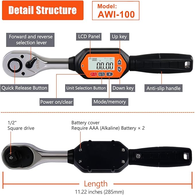 Professional 1/2-Inch Drive Digital Torque Wrench with Buzzer & LED, 3-100 Nm, Accurate to 2%, Calibrated for Reliable Performance - Ideal Bike & Car Repair Tool